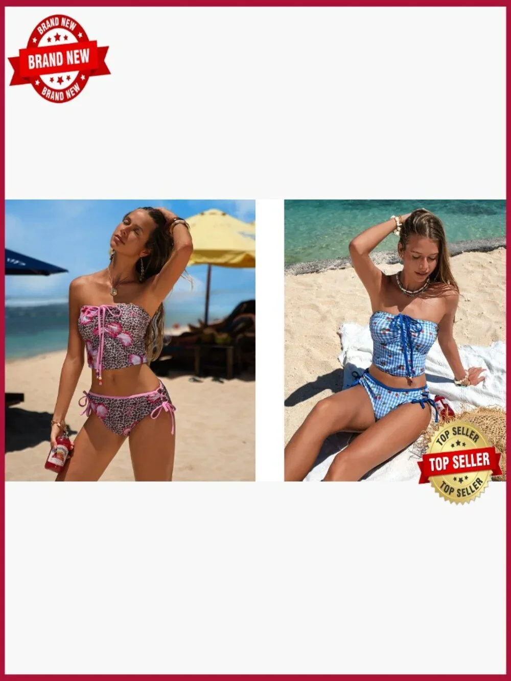 2-Piece Tankini Set, Ruched Bandeau Top & Side Tie Bottoms